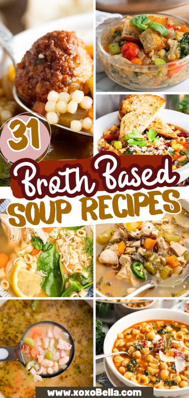 A collage of delicious broth based soup recipes.