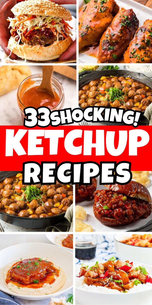 Collage of dishes made with ketchup, including meatballs, chicken, burgers and more. Discover creative ketchup recipes for every meal!.