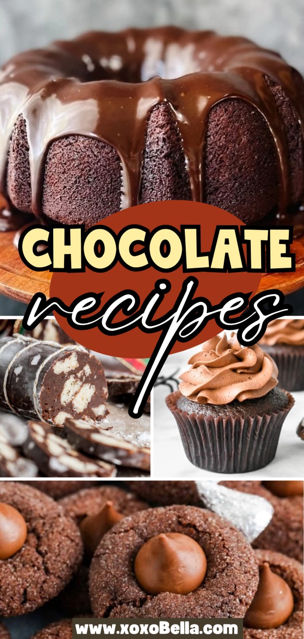 A collage of decadent chocolate recipes: bundt cake, chocolate slice, frosted cupcake, and chocolate cookies.
