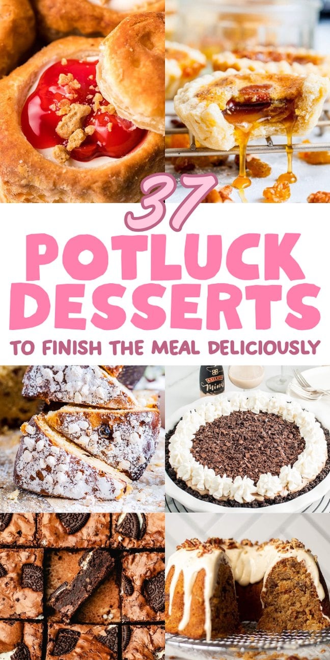 Collage of potluck desserts like cherry pie, cinnamon rolls, cookies, cakes, and brownies.