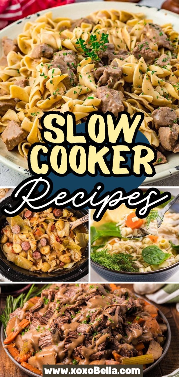 A collage of delicious slow cooker recipes, featuring pasta, stew, and soup.