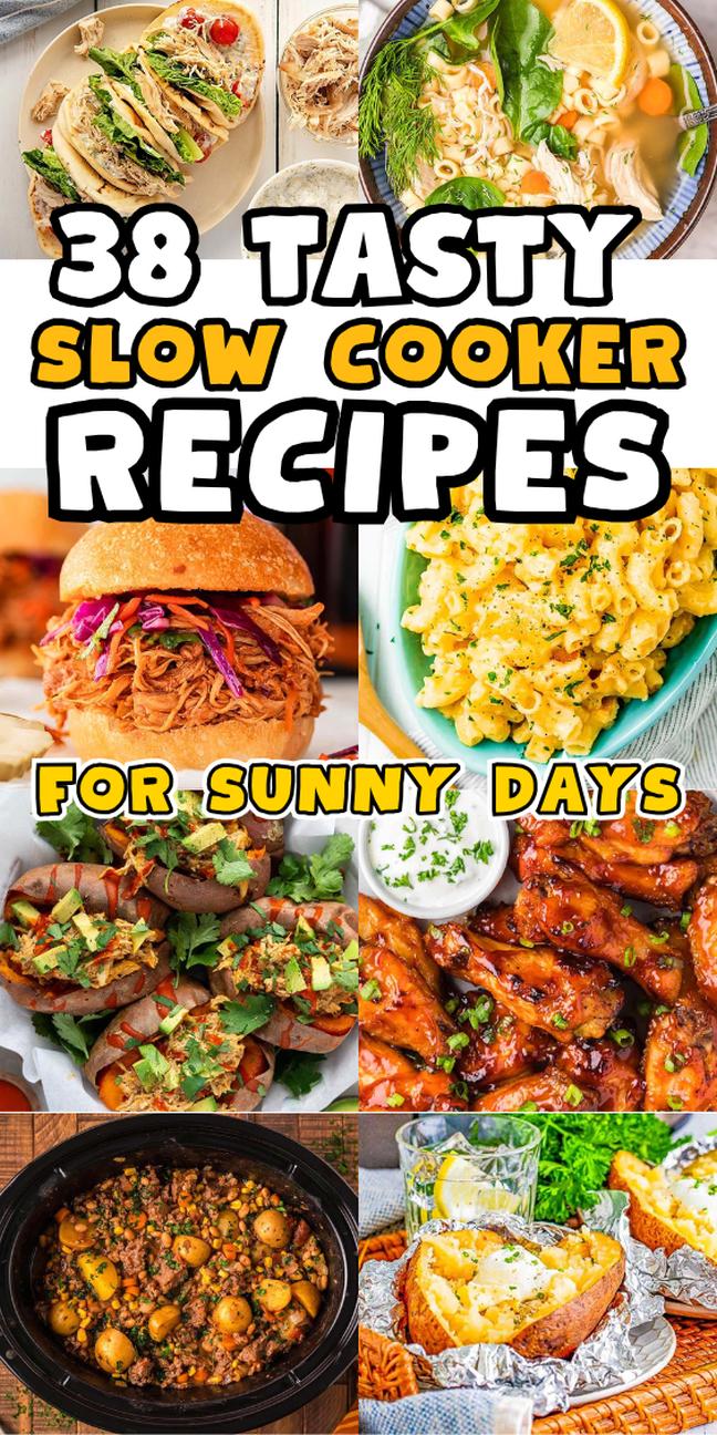 Collage of slow cooker recipes, featuring pasta, ramen, pulled pork, wings, stew, and bread