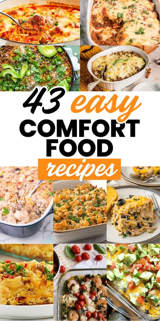 Collage of hearty, cheesy dishes—perfect for anyone craving delicious, easy comfort food favorites.