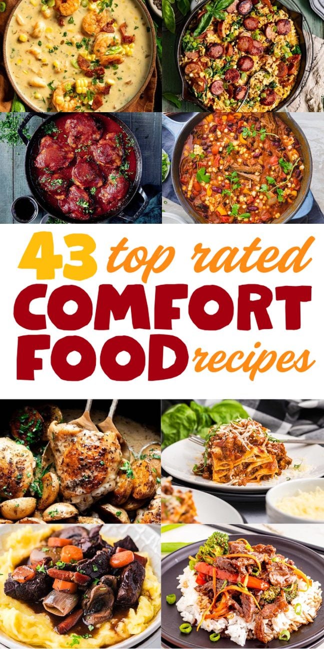 Collage of hearty, easy comfort food dishes