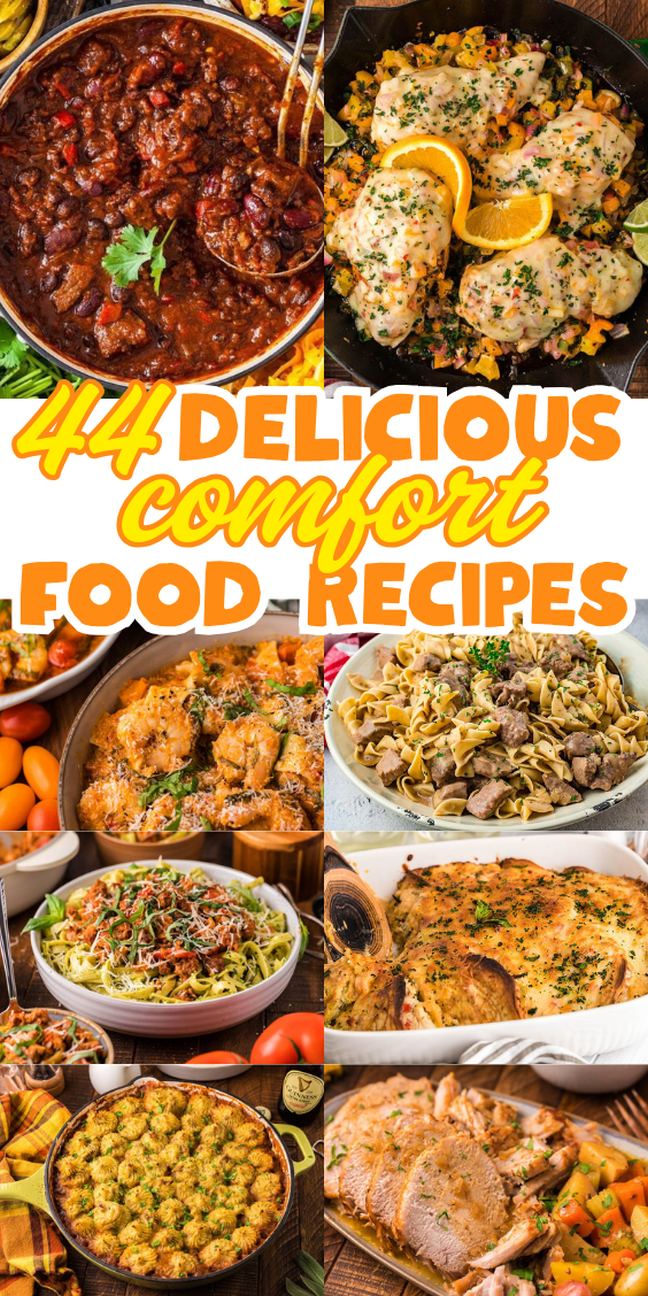 Collage of hearty comfort foods like stews, casseroles, pasta, and chicken.