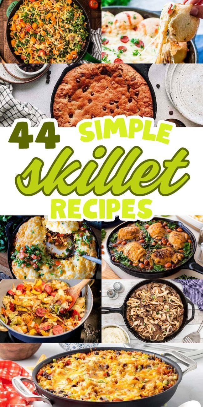 A collage of various skillet dishes that highlights a tasty collection of easy skillet recipes.