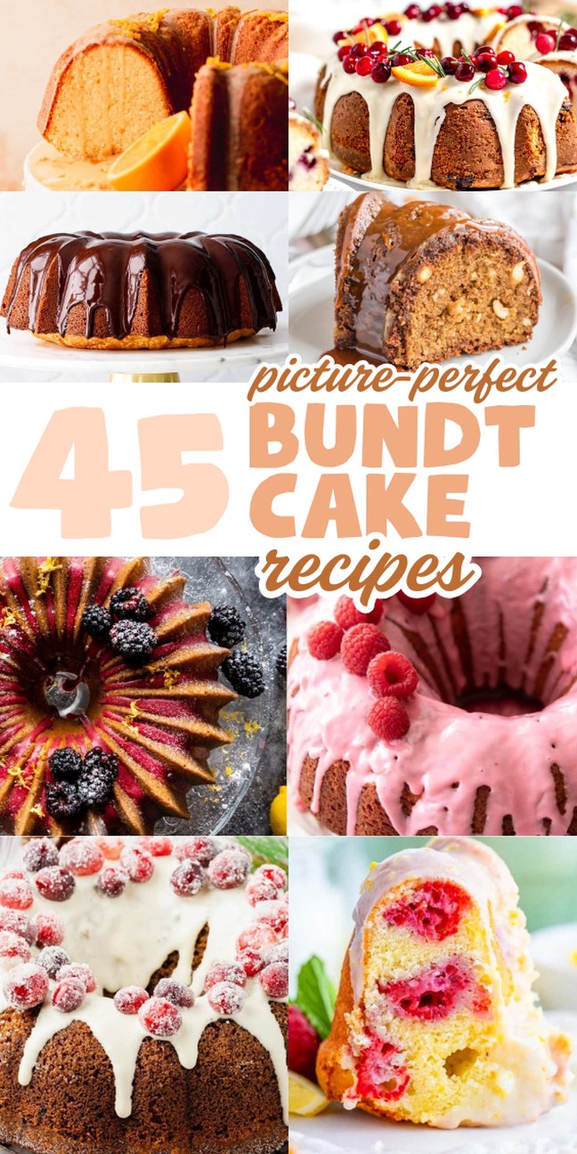 A collage of colorful, glazed Bundt cakes to inspire your next bake.