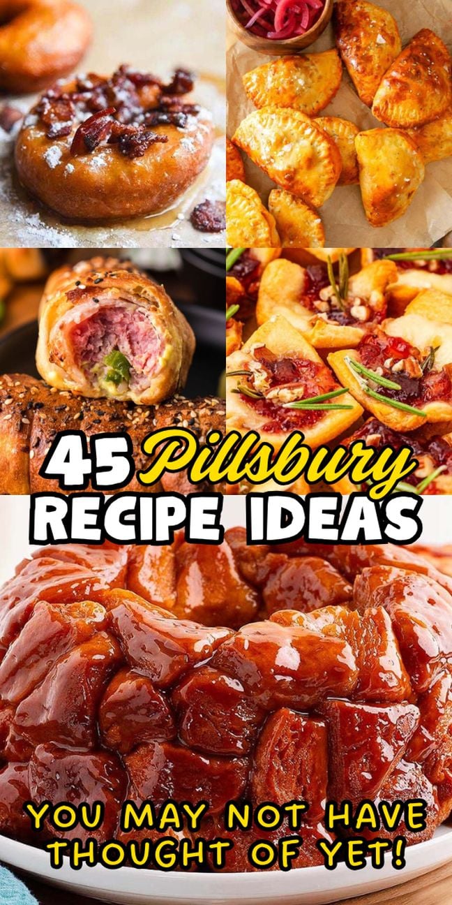 Collage of savory and sweet Pillsbury recipes, featuring pastries, rolls, glazed pull-apart bread, and other delicious creations made with Pillsbury products.