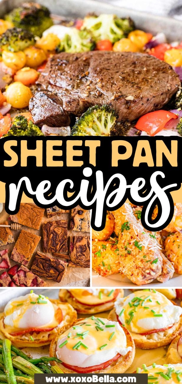 A vibrant collage of sheet pan recipes showcasing delicious steak, brownies, chicken, and creative egg dishes.