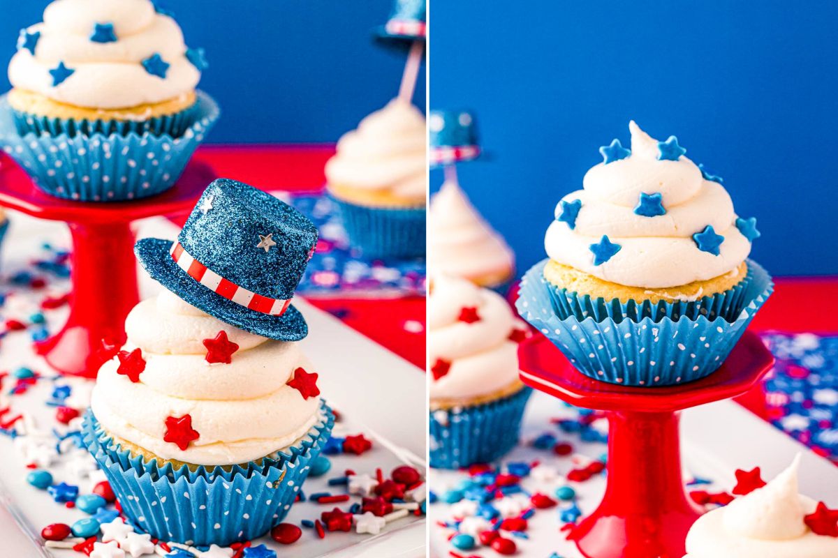Patriotic desserts featuring cupcakes decorated with blue and red star-shaped sprinkles, white frosting, and one with a glittery blue hat. The cupcakes are placed on red stands against a blue and red background.