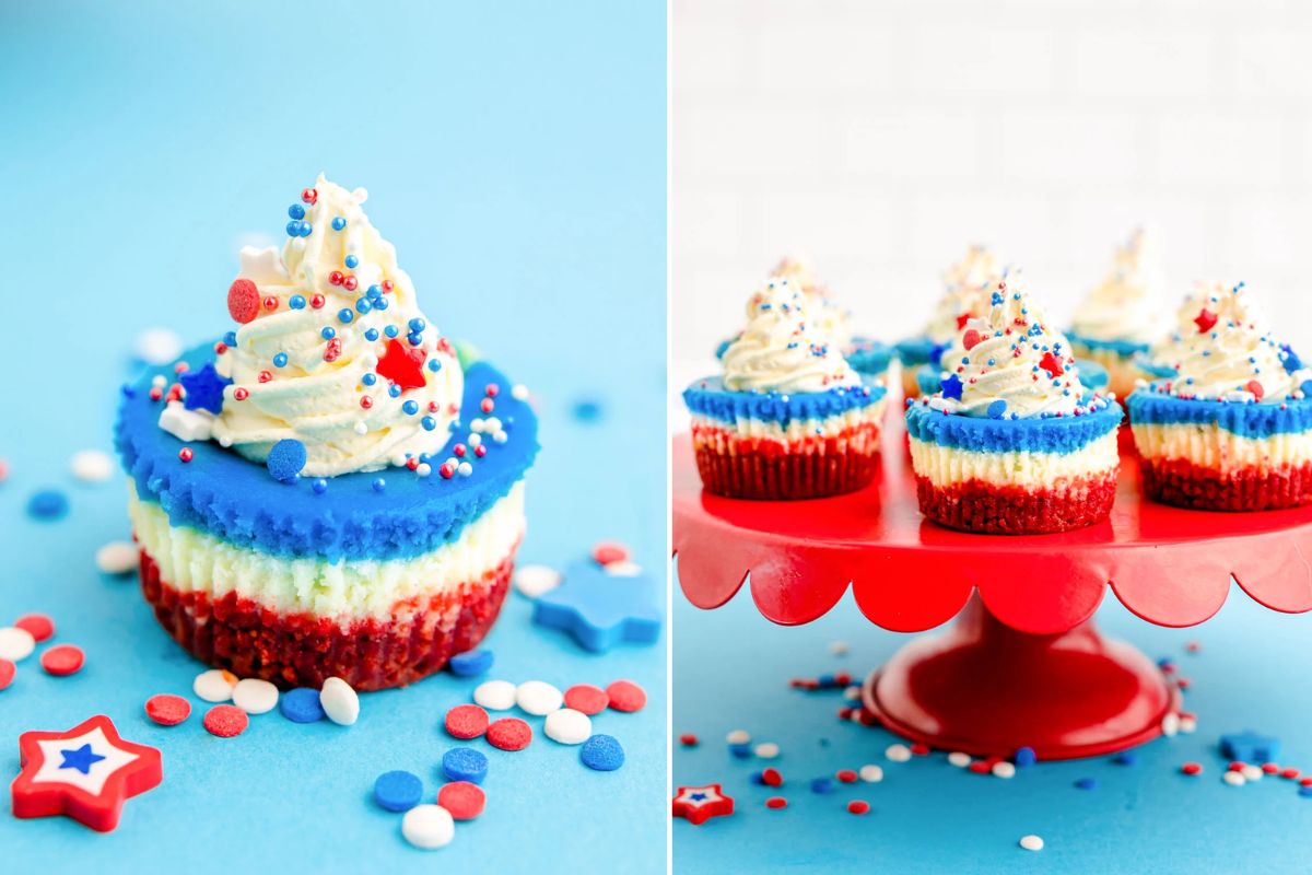 Close-up of colorful cupcakes with layers of red, white, and blue topped with whipped cream and sprinkles, placed on a red cake stand and scattered with decorative star-shaped sprinkles&mdash;perfect patriotic desserts for any celebration.