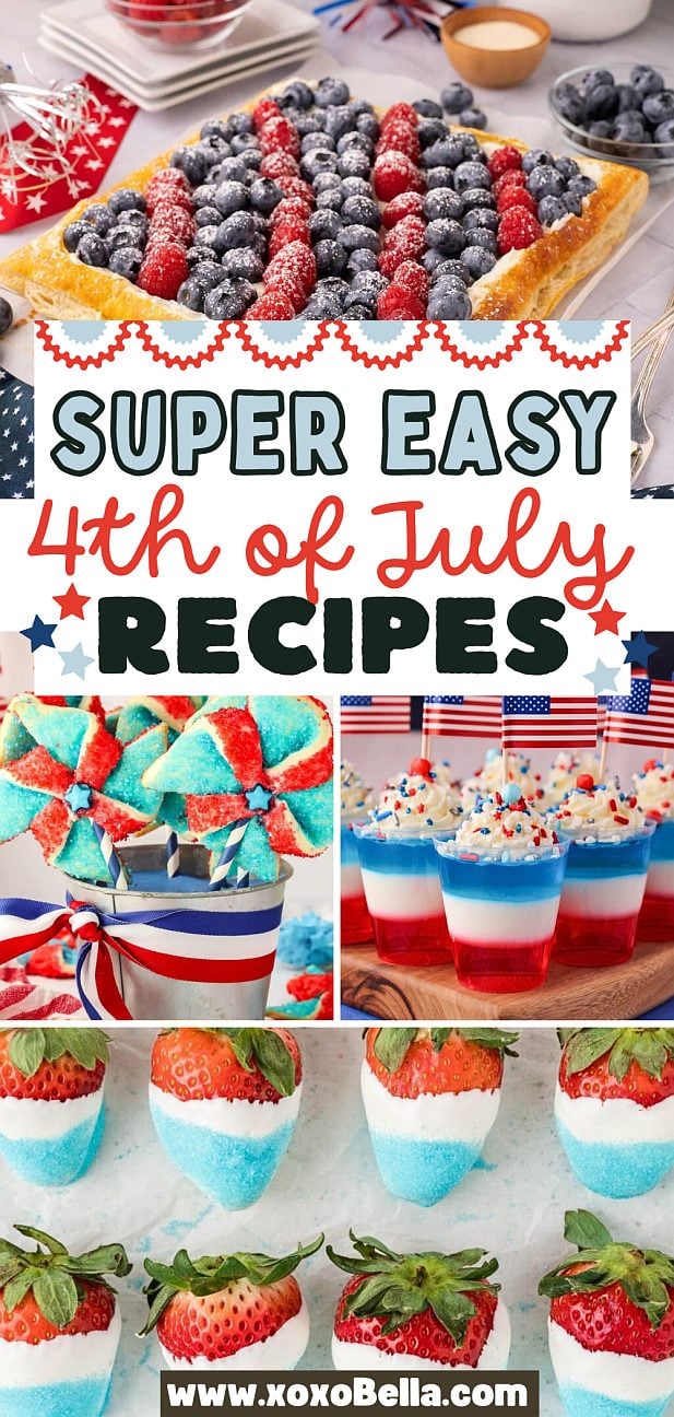 A collage of colorful, festive 4th of July desserts featuring red, white and blue treats and decorations.