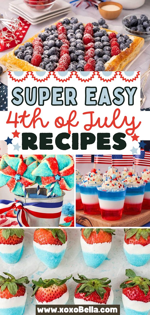 Patriotic red, white, and blue desserts and drinks for July 4th recipes, featuring festive decorations and flags.