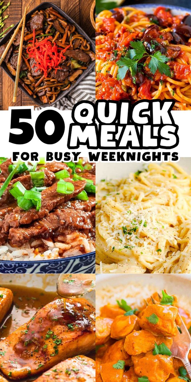 Collage of six colorful dinner dishes that are quick to make.