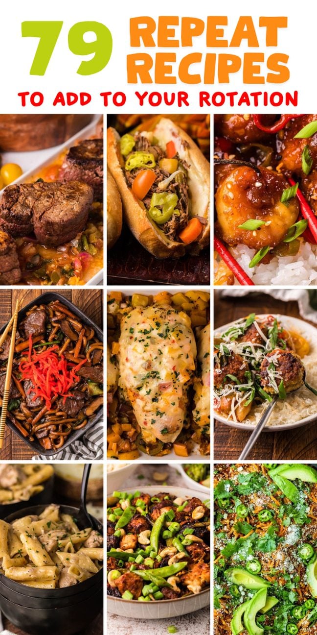 A collage of various colorful dishes—perfect for discovering new favorite repeat recipes and brightening your meal routine.