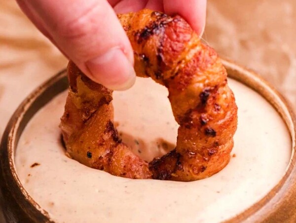 Air Fryer Bacon Wrapped Onion Rings.