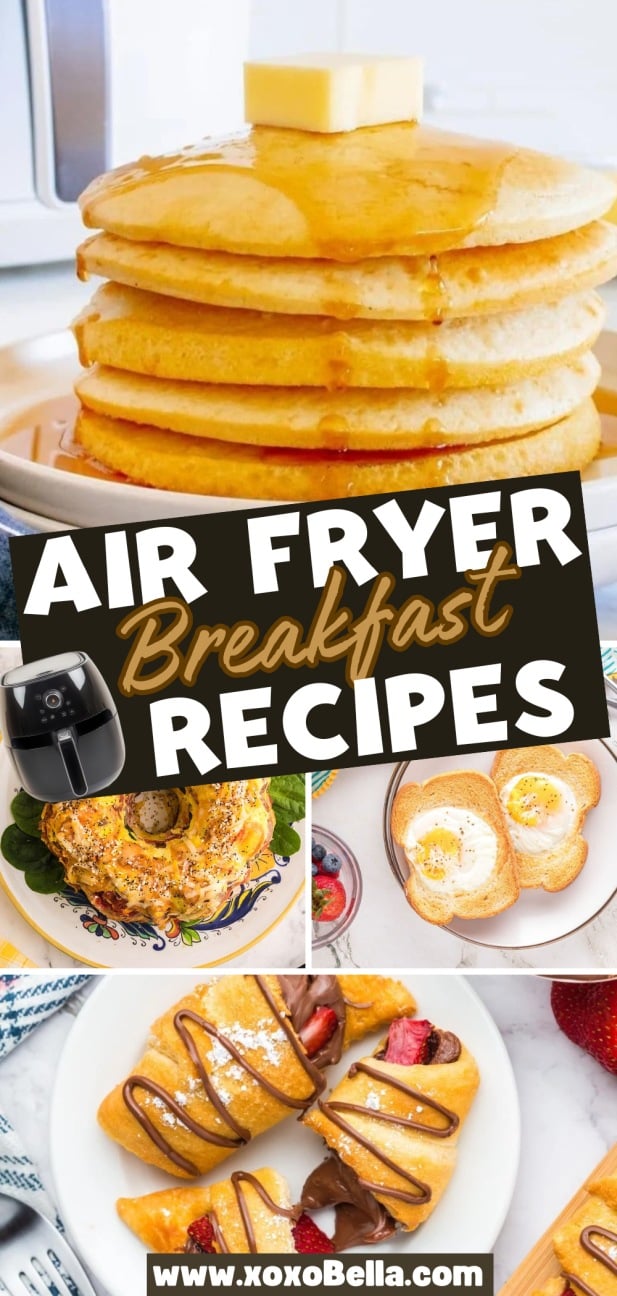 A stack of pancakes with butter, air fryer egg toast, pastries and more.