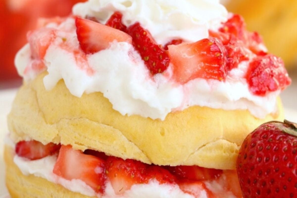 A dessert featuring layers of shortcake, whipped cream, and fresh strawberry pieces, with a whole strawberry placed beside it.
