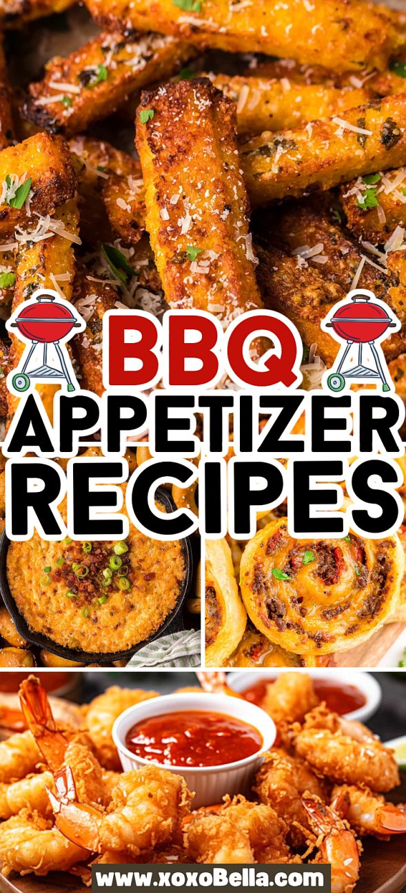 Close-up of BBQ appetizer recipes featuring wings, dip, pinwheels, and shrimp with dipping sauce.