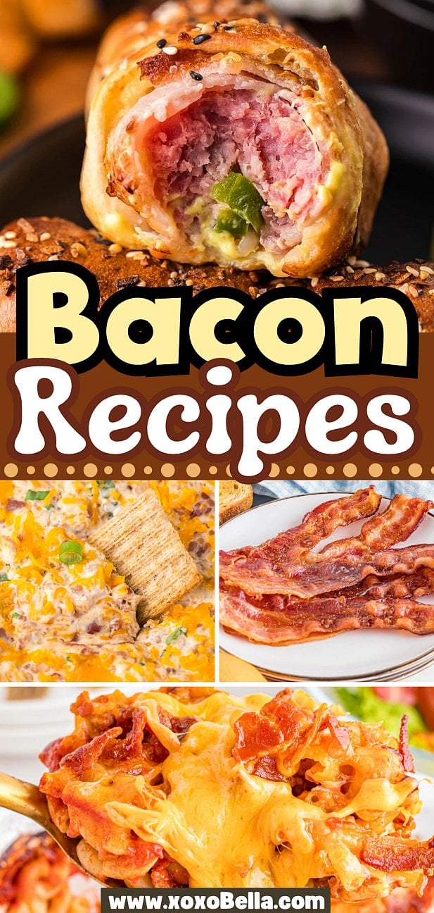 Collage of bacon recipes including stuffed bread, cheesy casserole, crispy bacon strips, and cheesy bacon pasta—perfect inspiration for delicious new bacon recipes.