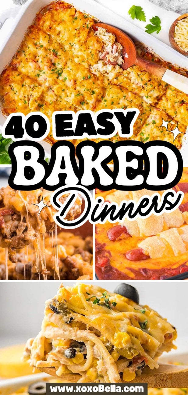 Collage of cheesy baked dinners, including cozy pasta, casseroles, and lasagna. Perfect inspiration for your next cozy baked dinners everyone will love.