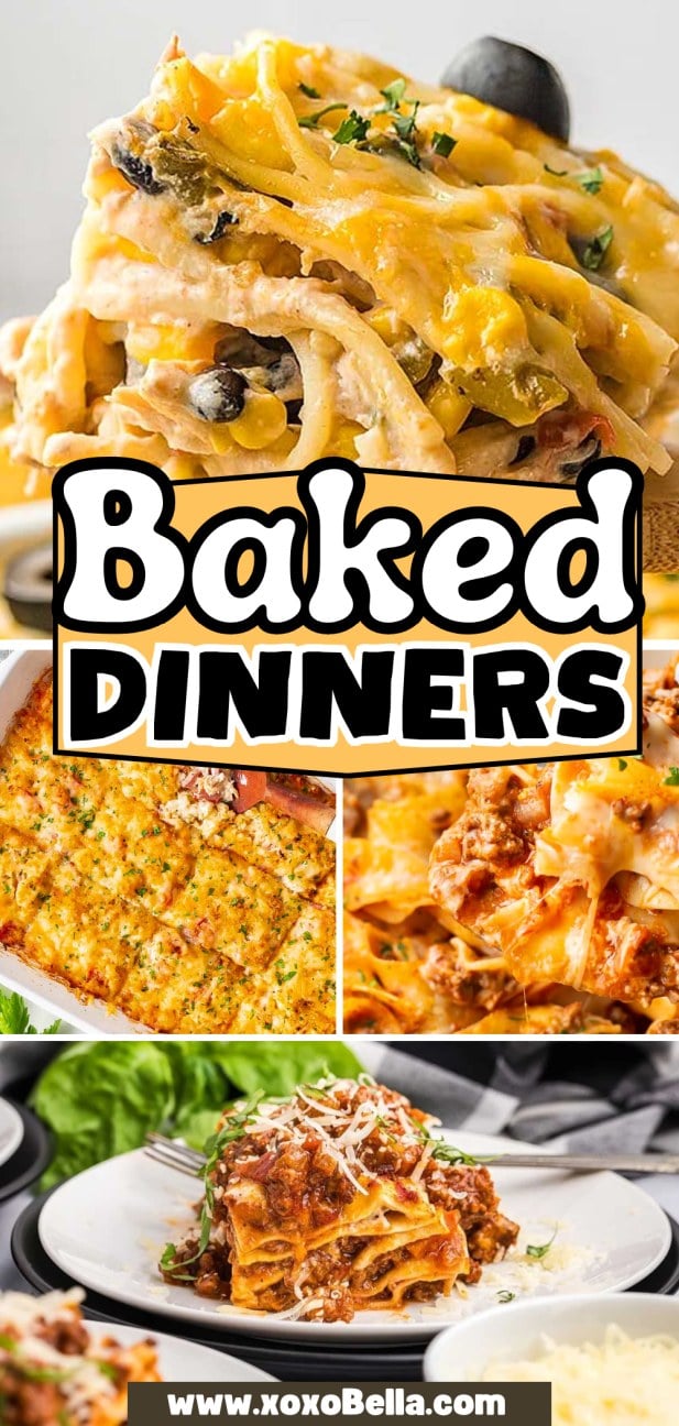 Collage of cheesy baked dinners, featuring comforting pasta, casseroles, and lasagna. Perfect inspiration for your next cozy baked dinners at home.