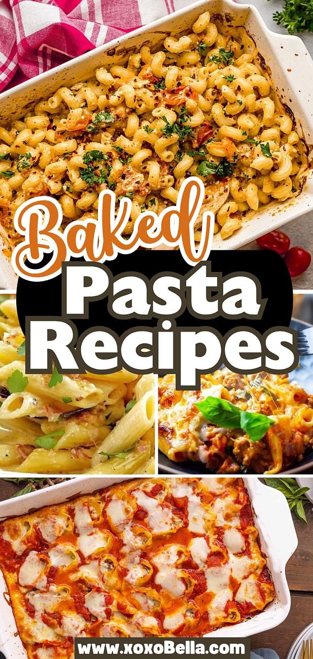 Collage of baked pasta dishes in casseroles and bowls, each topped with bubbling cheese and fresh herbs.