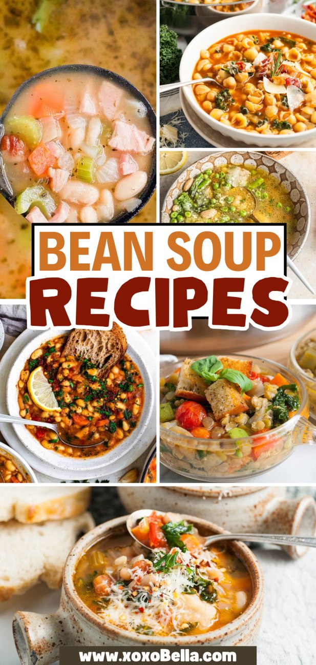 Collage of colorful bean soups with vegetables, garnished with herbs, bread, and grated cheese.