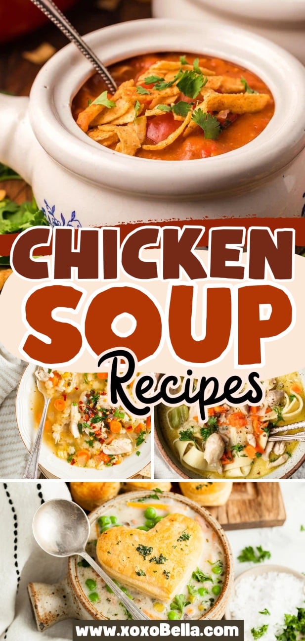 Collage of various chicken soup recipes in bowls.