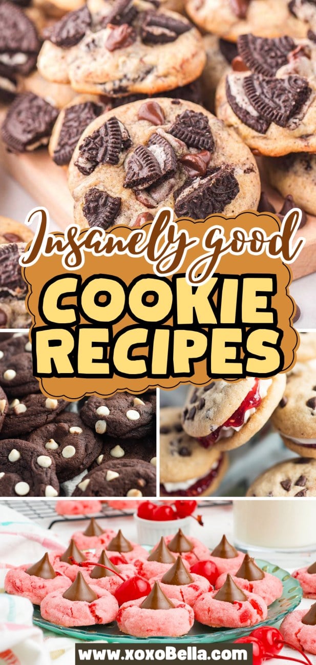 Assorted cookies with toppings like chocolate chips, Oreos, and Hershey's Kisses.