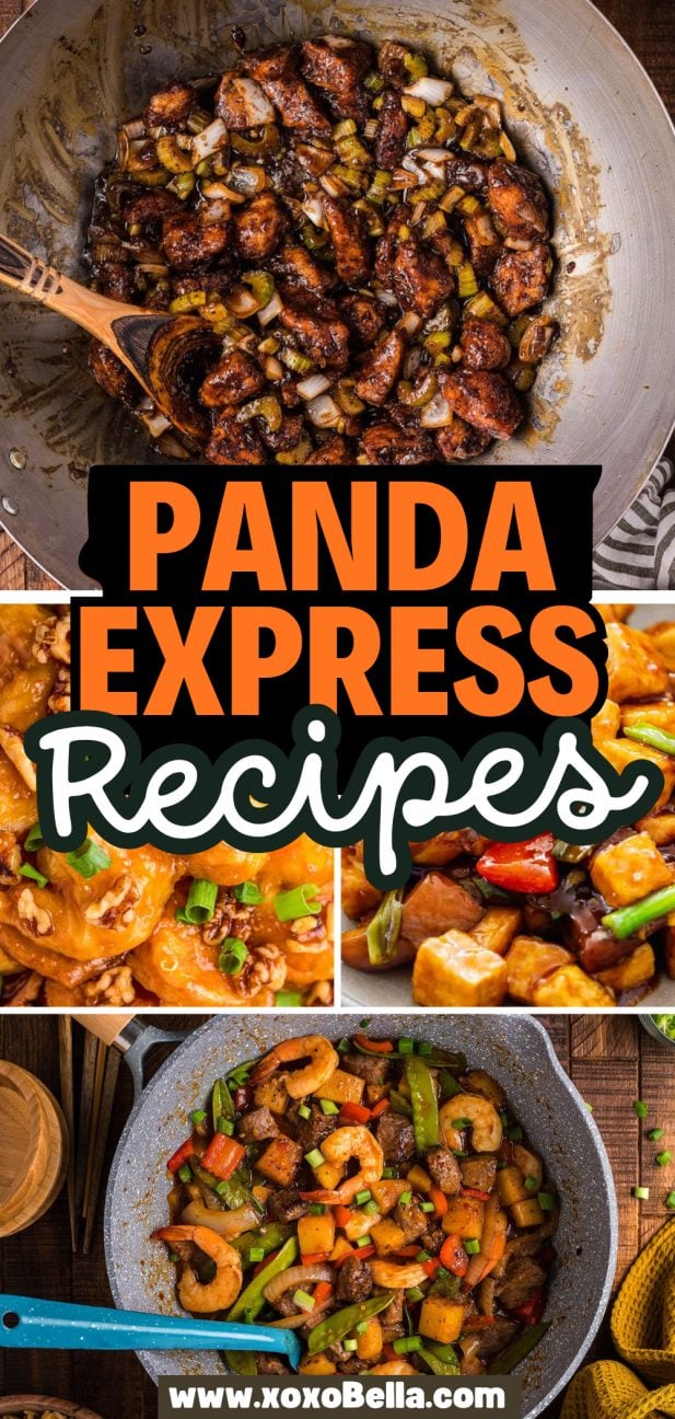 Collage of Panda Express-inspired dishes, featuring chicken, shrimp, vegetables, for fans craving homemade panda express recipes.