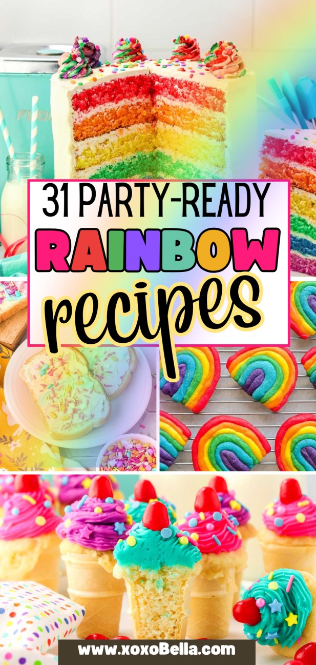 Colorful rainbow desserts, featuring cake, cookies, cupcakes, and ice cream cones with vibrant decorations, are perfect for anyone who loves creative rainbow recipes.