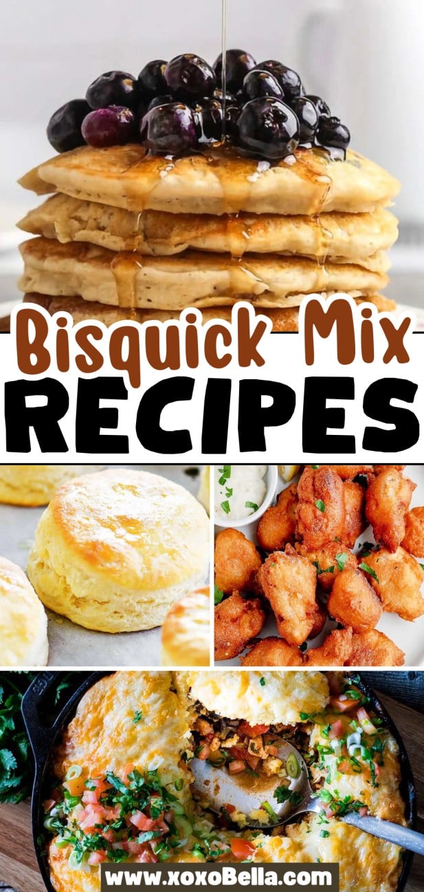 Stack of pancakes with syrup and berries, biscuits, fritters, and a savory skillet dish made easy with Bisquick mix.