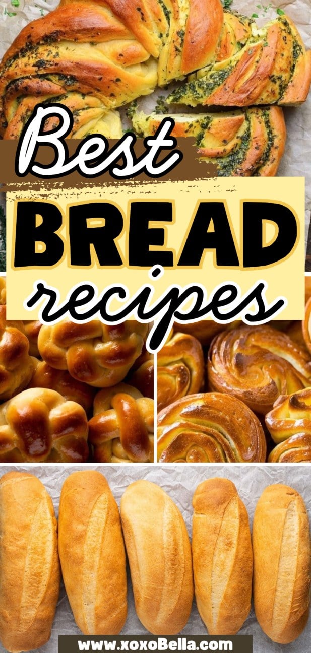 Collage of various types of bread, including braided, swirled, and baguette loaves, highlighting delicious bread recipes to try at home.
