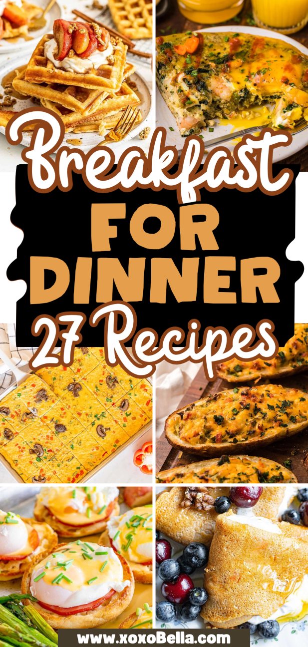 Collage of breakfast dishes like waffles, omelets, quiche, and toast.