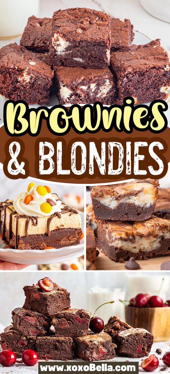 A delicious collage of brownies and blondies, some topped with cream and candies, beautifully arranged with fresh cherries beside them.
