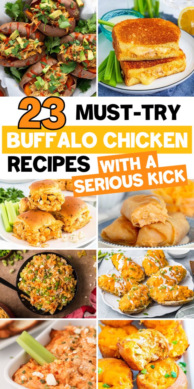A collage of buffalo chicken recipes—sliders, grilled cheese, dip, wings etc.