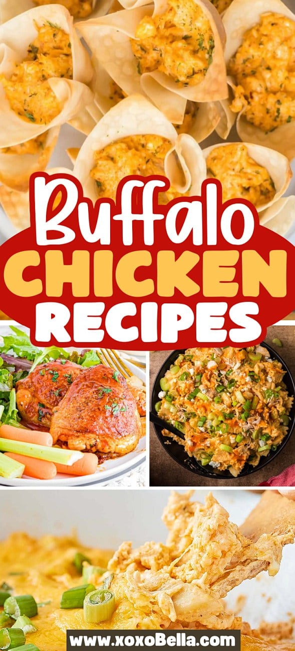 Collage of Buffalo chicken recipes, featuring stuffed cups, wings, casserole, and dip, with bold recipe text.