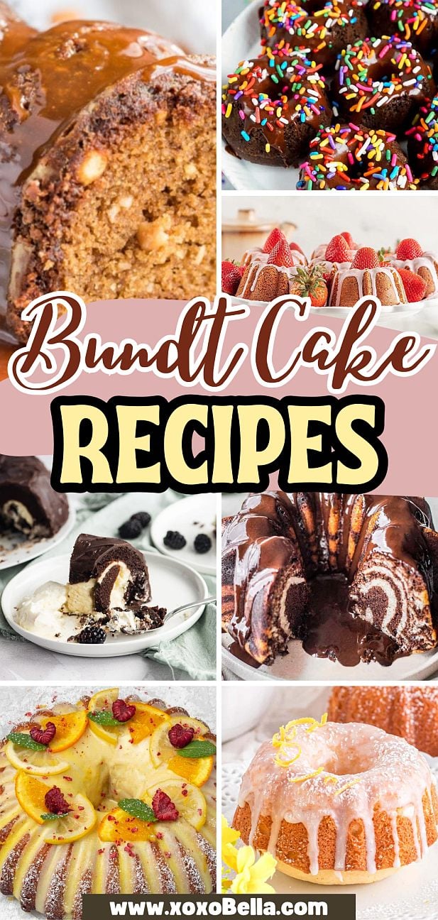 A collage of colorful and decorated bundt cakes showcases a variety of delicious bundt cake recipes.