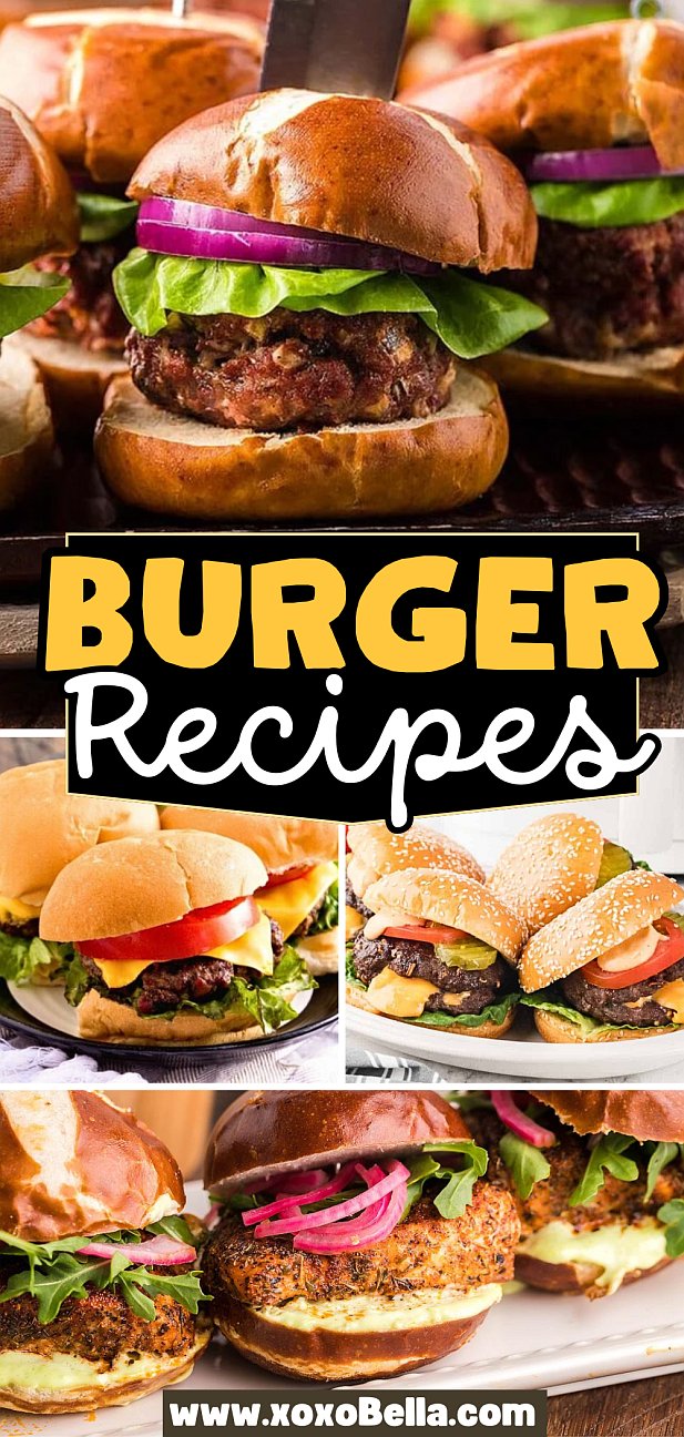 A collage of various burgers with toppings and buns, to inspire your next homemade burger recipe creation.