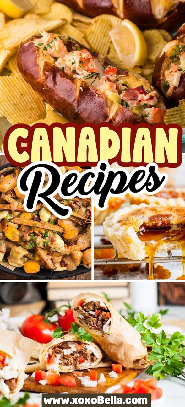 Collage of Canadian dishes—sandwiches, poutine, pancakes with syrup, and wraps, celebrating classic Canadian recipes in every bite.