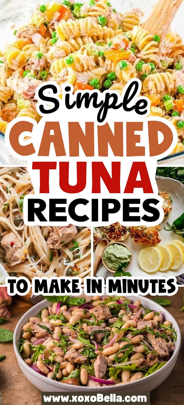 Collage of pasta, salad, and breaded dishes using canned tuna.