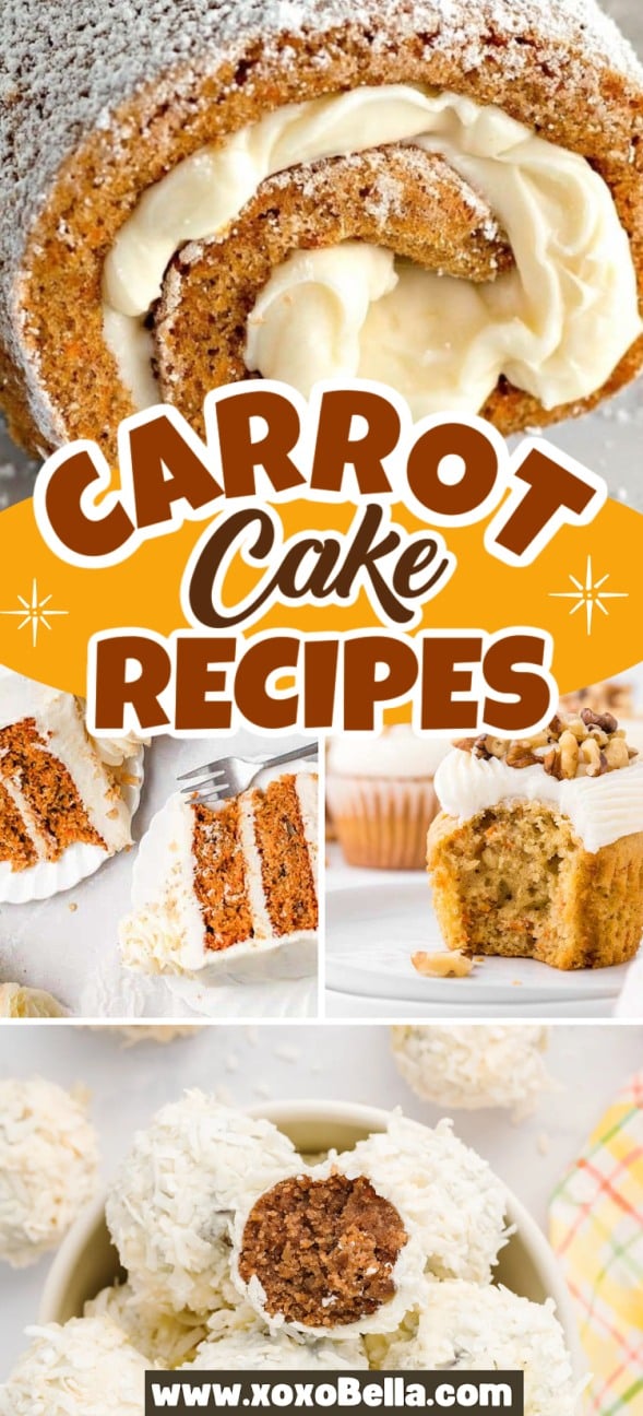Collage of carrot cake desserts, including a cake roll, cupcakes, and a frosted slice, highlighting delicious carrot cake recipes to try.