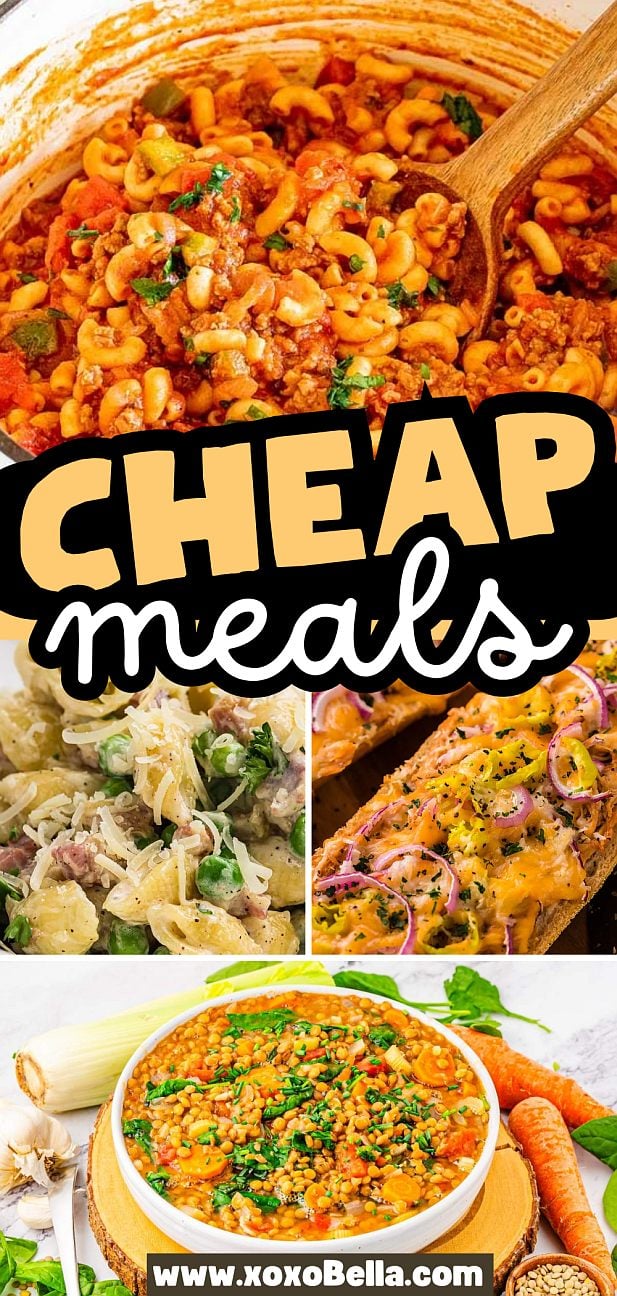 Collage of budget-friendly pasta and vegetable dishes.