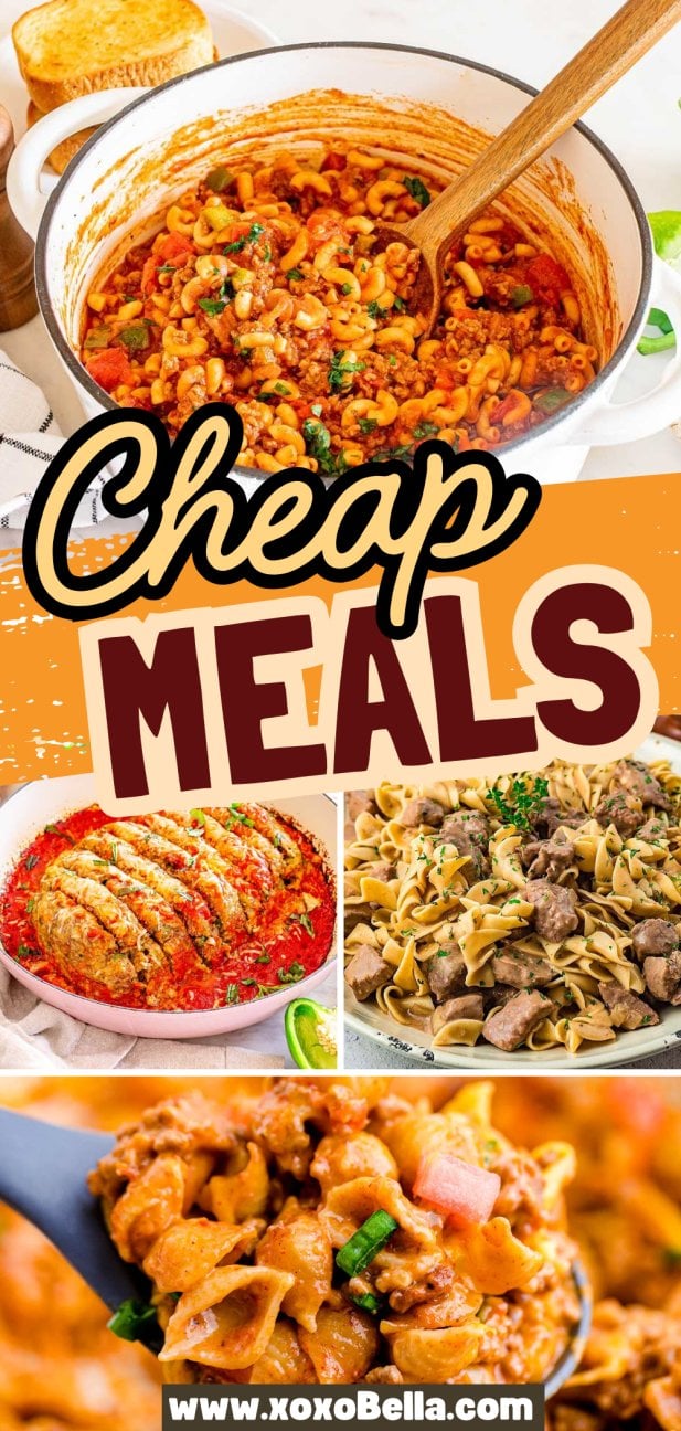 Collage of four vibrant, budget-friendly pasta dishes, showcasing colorful ingredients and tempting textures—perfect for anyone searching for delicious cheap meals.