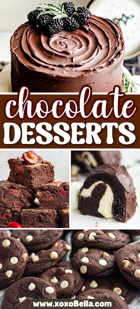 Collage of chocolate desserts: frosted cake, brownies, filled roll, and cookies with chocolate chips—perfect for lovers of decadent chocolate desserts.