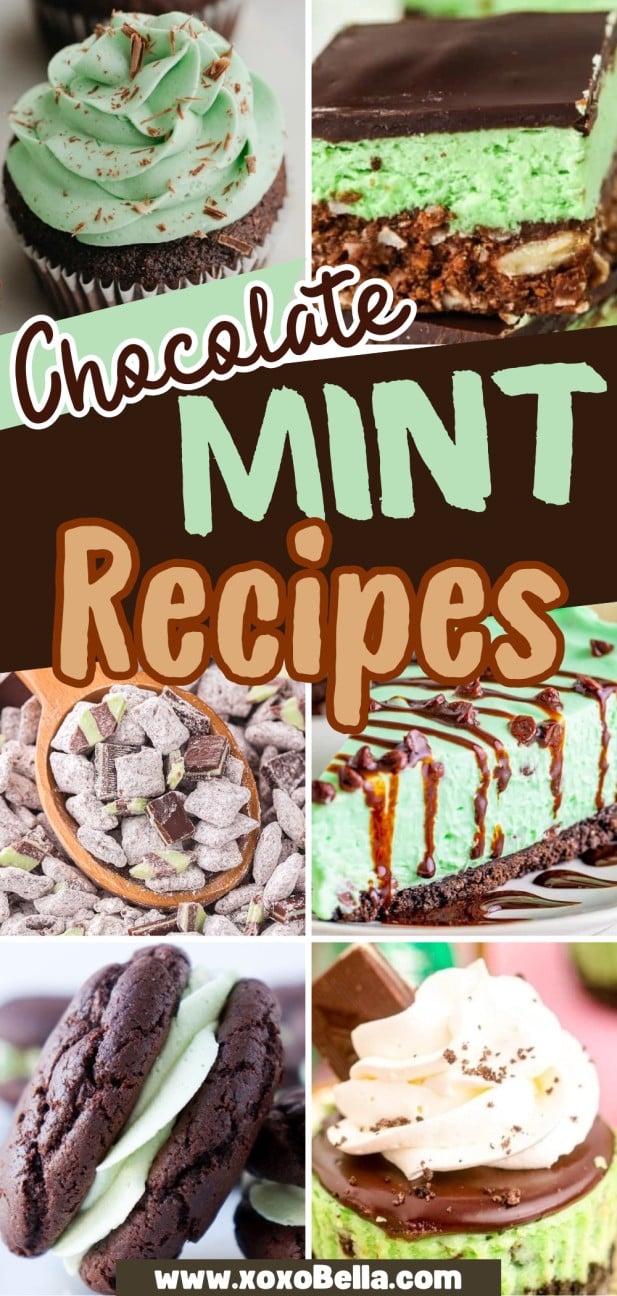 A collage of chocolate mint desserts, featuring cupcakes, bars, cookies, and puppy chow, with text overlay highlighting irresistible chocolate mint recipes.