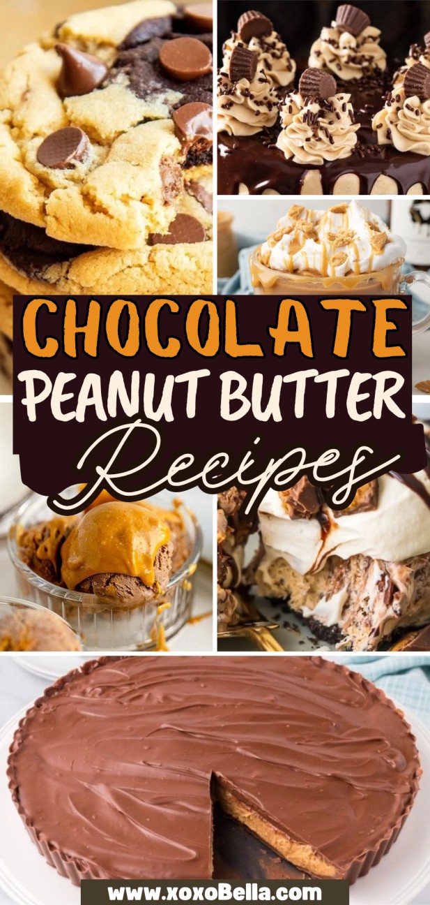 Collage of decadent chocolate peanut butter desserts, including cookies, cakes, pie, and ice cream.
