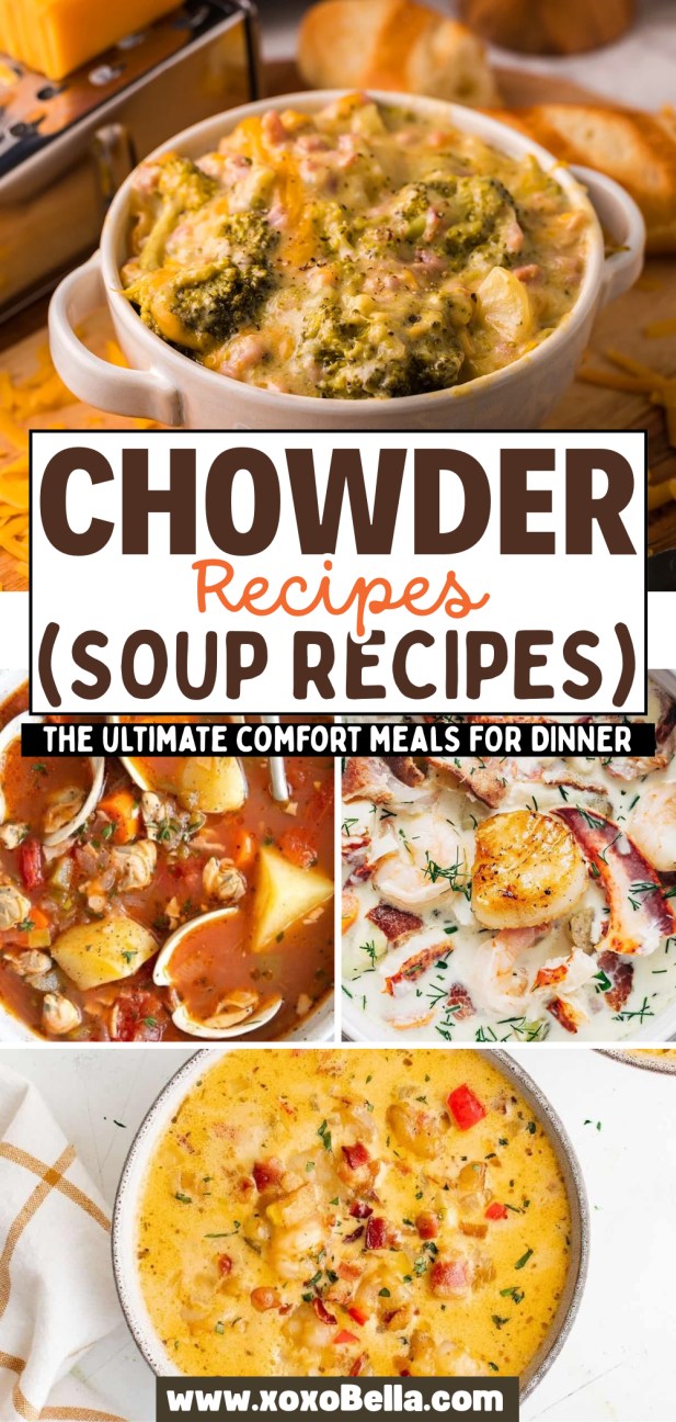 Bowls of different chowder soups, surrounded by bread.