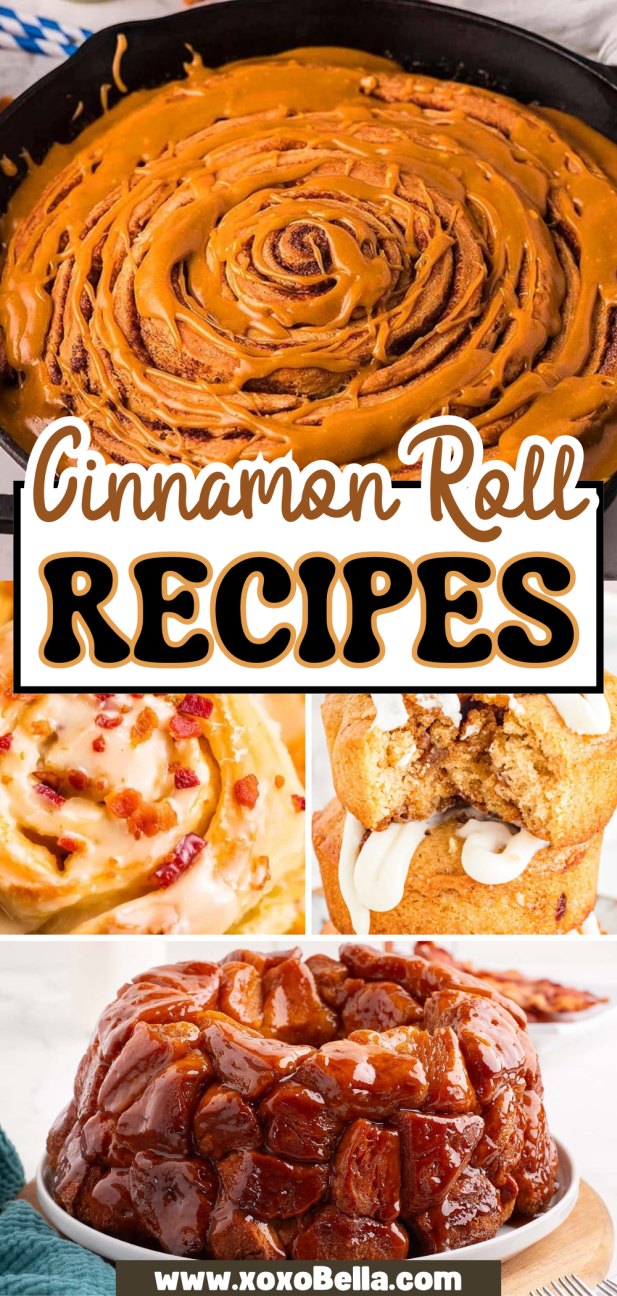Collage of cinnamon roll recipes, featuring iced, caramel, and monkey bread versions, all irresistible cinnamon roll recipes.